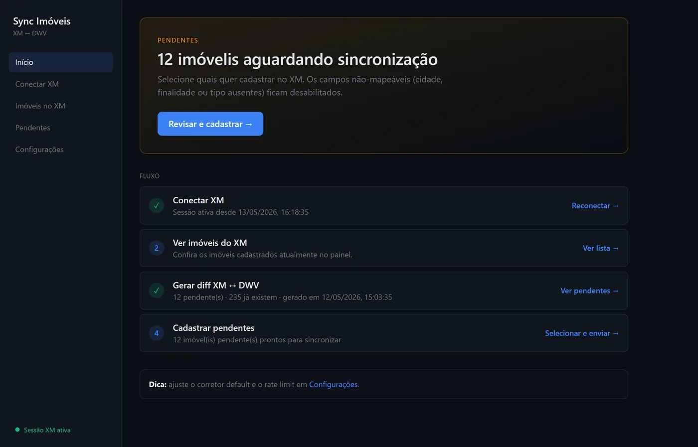 Captura de tela do Sync Imóveis — app desktop que sincroniza imóveis entre a DWV e o painel da XM Investimentos